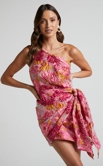 One Shoulder Wrap Front Mini Dress In Pink Jacquard